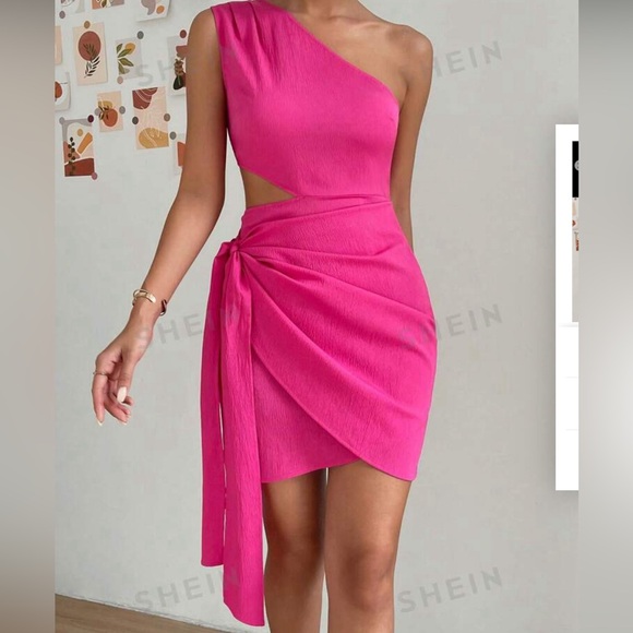 HOT pink one shoulder dress - Picture 3 of 5